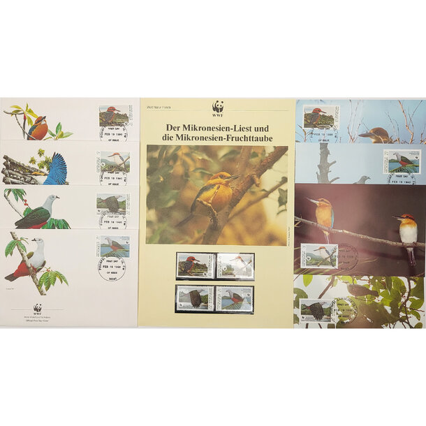 Lot fdc mikronézia 1990 - rybárik a holub mikronézsky - Lot 4 ks FDC a známky Mikronézia 1990 - Rybárik a holub mikronézsky