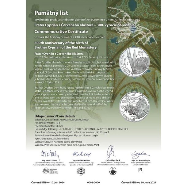 Pamätný list 10 € fráter cyprián 2024 - pamatny_list-frater_cyprian
