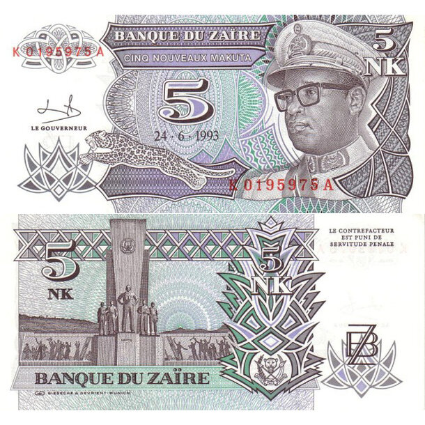 5 nouveaux makuta 1993 zair - Bankovka Zair 5 Nouveaux Makuta 1993 - 48