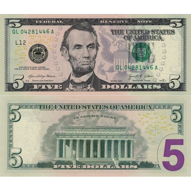 5 dollars 2021 usa - Bankovka USA 5 Dollars 2021 L - 551