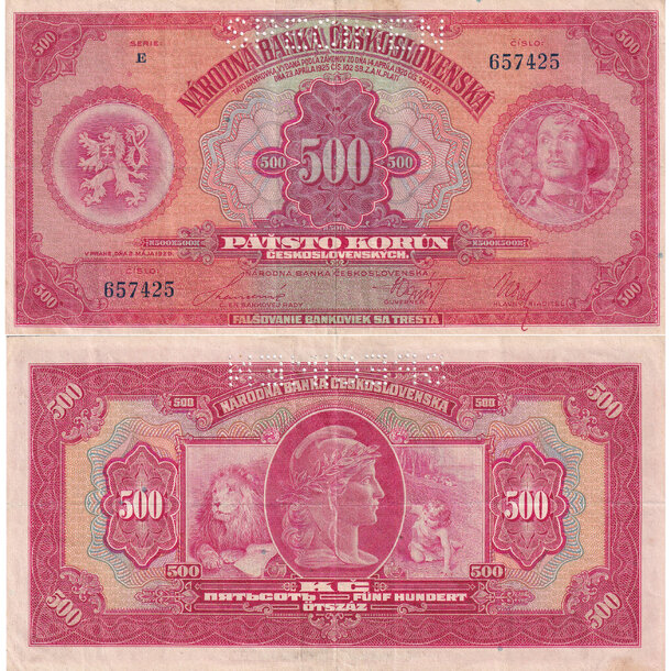500 korún 1929 československo - séria e - 500 Korún 1929 F séria E - 24 perf. 1 x SPECIMEN hore