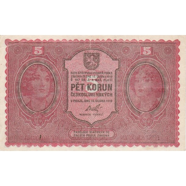 5 koruna 1919 československo - chybotlač č 187 bez bodky - 5-kc-1919-chybotlac1-1