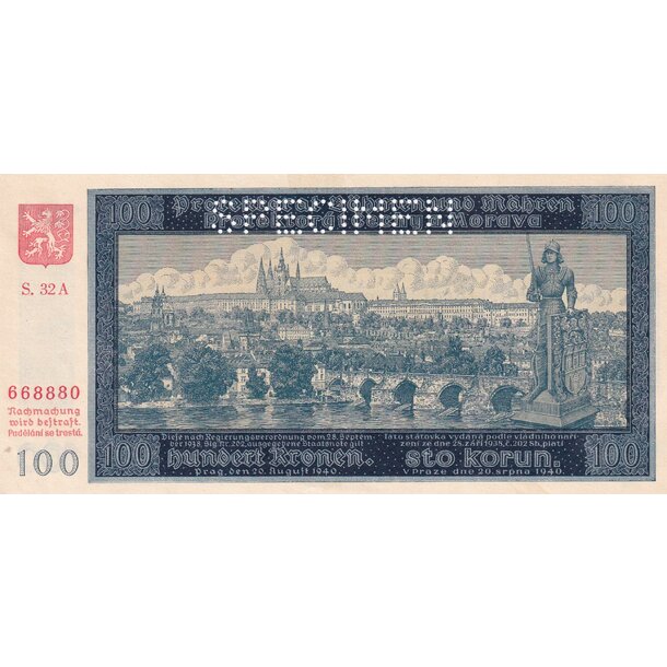 100 korún 1940 protektorát čechy a morava - séria a - 100 Korún 1940 AU II. vyd. séria A - 7 perf. 1x SPECIMEN hore-1