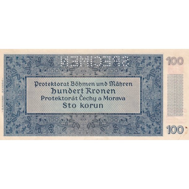 100 korún 1940 protektorát čechy a morava - séria a - 100 Korún 1940 AU II. vyd. séria A - 7 perf. 1x SPECIMEN hore-2