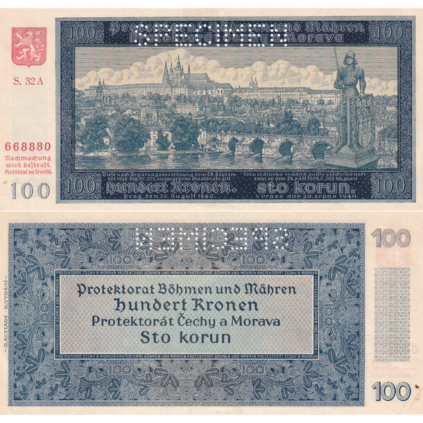 100 korún 1940 protektorát čechy a morava - séria a - 100 Korún 1940 AU II. vyd. séria A - 7 perf. 1x SPECIMEN hore