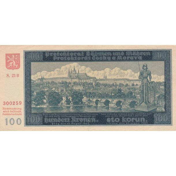 100 korún 1940 protektorát čechy a morava - séria b - 100-k-1940-b-I-vyd-1