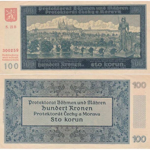 100 korún 1940 protektorát čechy a morava - séria b - 100-k-1940-b-I-vyd