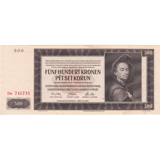 500 korún 1942 protektorát čechy a morava - séria da - Bankovka PČM 500 Korún 1942 II. XF séria Da - 12 -1