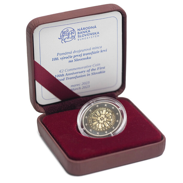 2 euro slovensko 2023 - transfúzia krvi - proof - 2-euro-transfuzia-krvi-proof-1