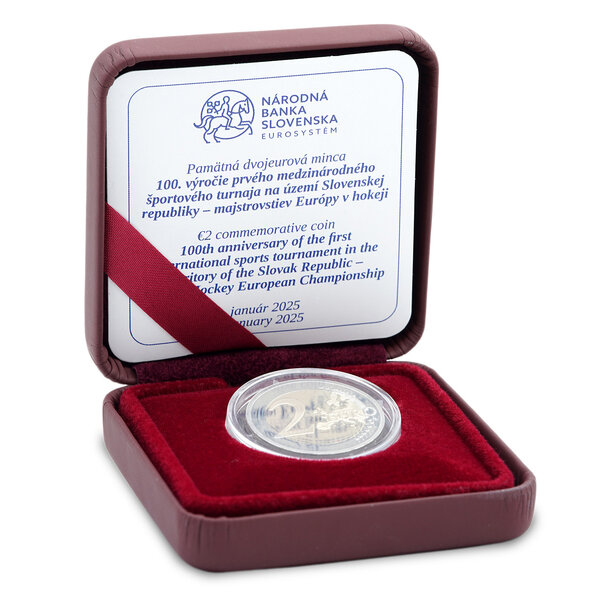 2 euro slovensko 2025 - majstrovstvá európy v hokeji - proof - 2eu-2025-majstrovstva-europy-v-hokeji-100-vyrocie-proof