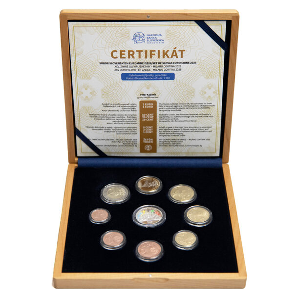 Sada obehových euro mincí sr 2026 - zoh milano cortina - proof - Sada Euro mincí SR26 - ZOH Milano Cortina - proof-drevo-2