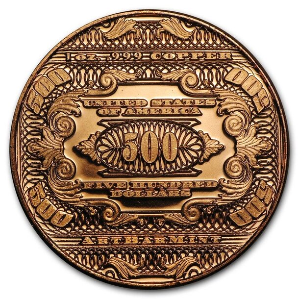 Medená minca bankovka benjamina franklina 1 unca - 1oz-copper-500-usd-william-mckinley-banknote-round-reverse