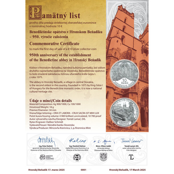 Pamätný list 10 € hronský beňadik 2025 - 10eu-hronsky-benadi-pamatny-list-2025-