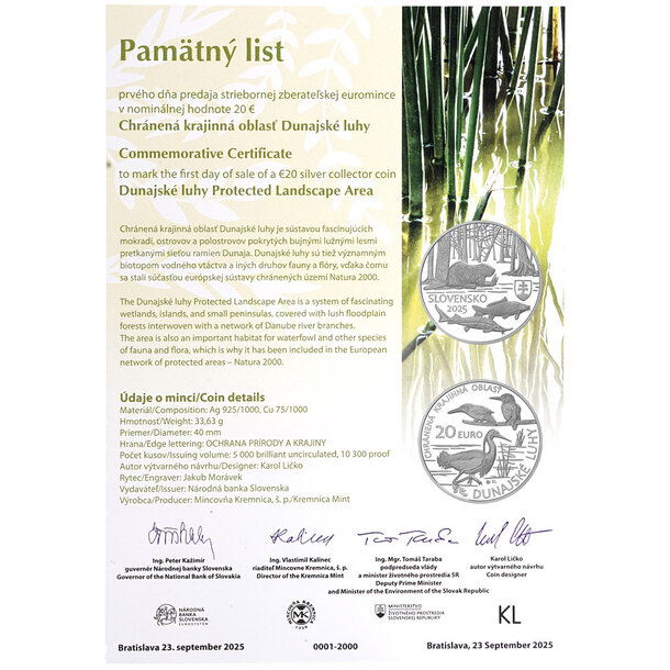 Pamätný list 20 € dunajské luhy 2025 - pamatny-list-dunajske-luhy-2025